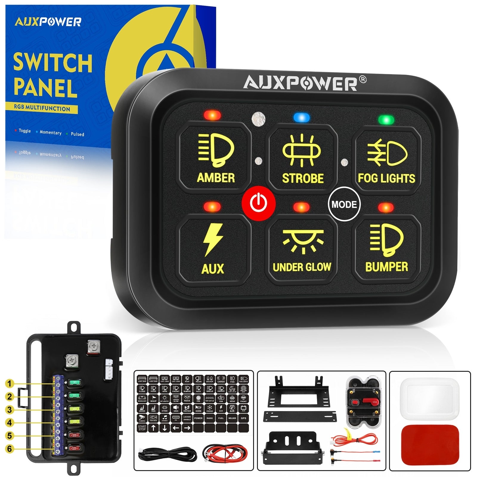 Auxpower 6 Gang RGB Multi-function Switch Panel with 3